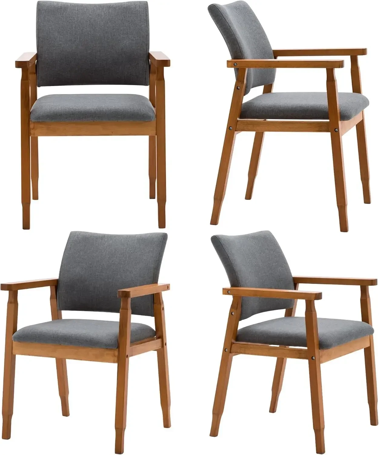 Set Of 4 Mid  Modern Walnut Dining Chairs Wood Arm Grey Fabric Kitchen Cafe Living Room Decor Furniture