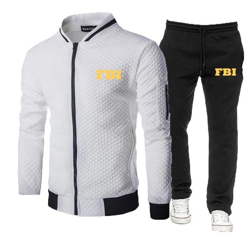 FBI 2021 Men's New Spring and Autumn Fashionable Casual Hooded Sweater + Pants 2-Pieces Sets Jogging Jacket Zipper Sports Suits