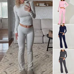 2025 Spring Summer Female Clothing Set Lady's O-neck Solid Color Long Sleeve Tops+ Slim Knit Pants Women's 2PCS Clothes Set