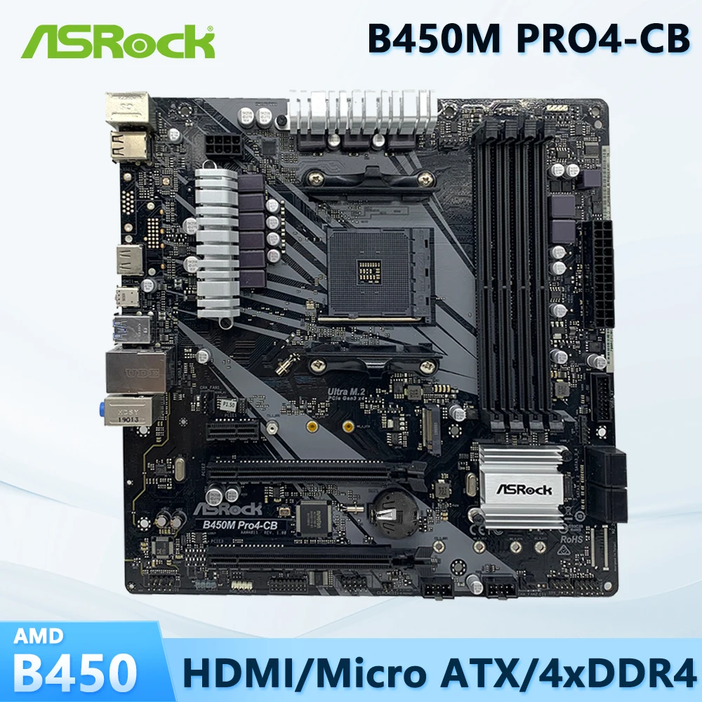 

ASRock B450M Motherboard B450M PRO4-CB AMD Socket AM4 for Ryzen 5 5600G Supports 4x DIMMs Max. 128GB DDR4 Micro ATX Form Factor