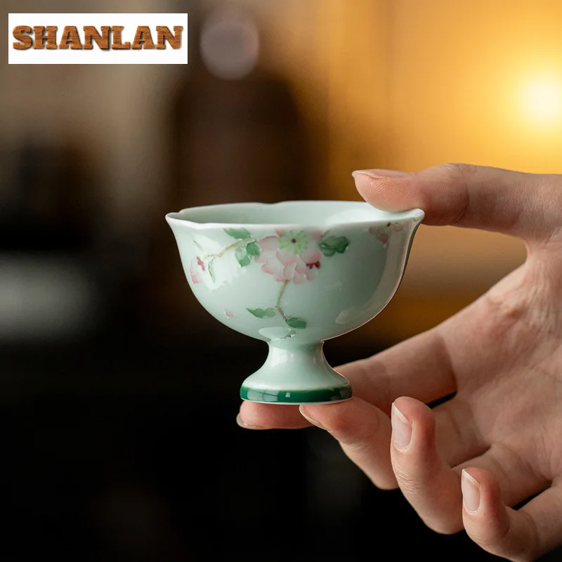 

2pc/lot Hand-painted Pear Blossom High Foot Teacup Zen Tea Bowl Jug Tea-tasting Fragrance Cup Chazhan Master Cups Tea Items 55ml
