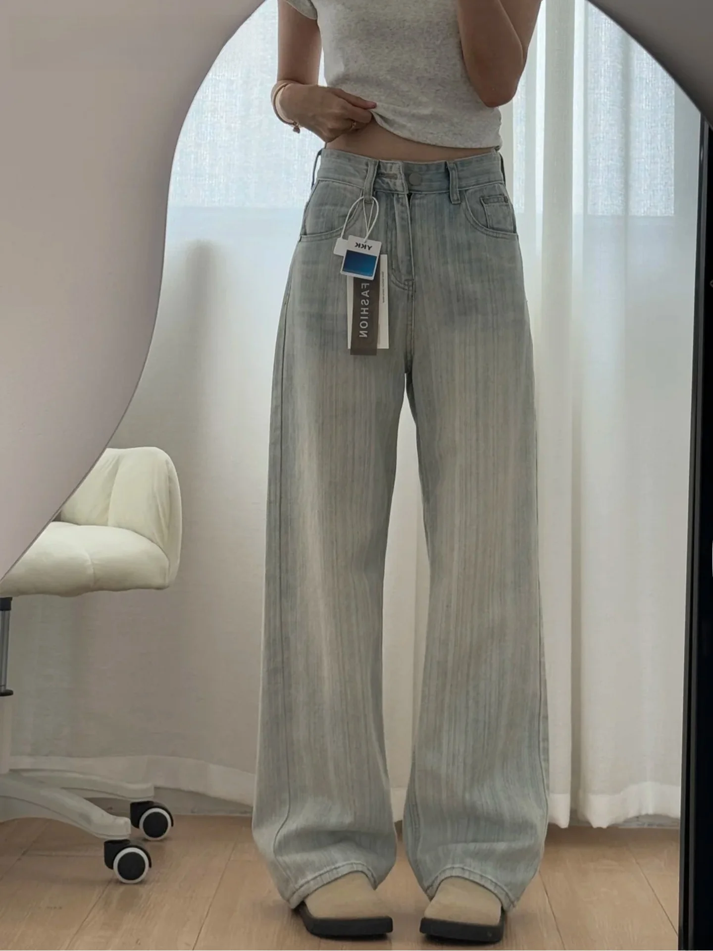 

Джинсы с драпировкой и высокой талией, женские летние свободные утягивающие универсальные винтажные синие широкие брюки, повседневные джинсы прямого кроя