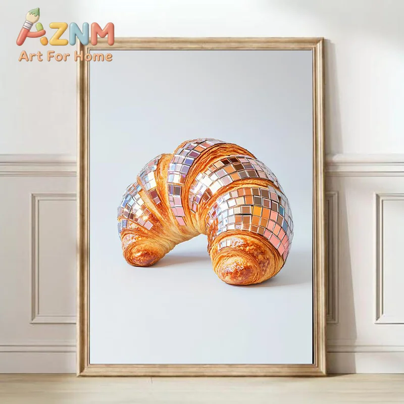 1pc frameless Canvas Painting Glitter Croissant Poster Disco Croissant Print Pop Art Bread Wall Art Picture Funky Eclectic Canva