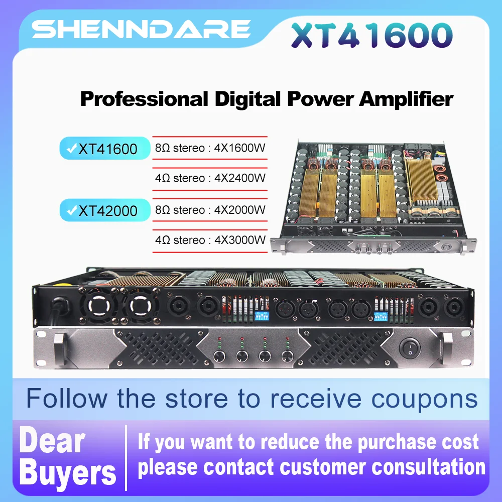 ShennDare XT 4X1600W 8ohm Усилитель мощности Профессиональный 4-канальный линейный массив класса D Усилитель звука Аудио Аудио DJ Сабвуфер Предусилитель 8ohm Bridged 2X3200W Сценическое исполнение