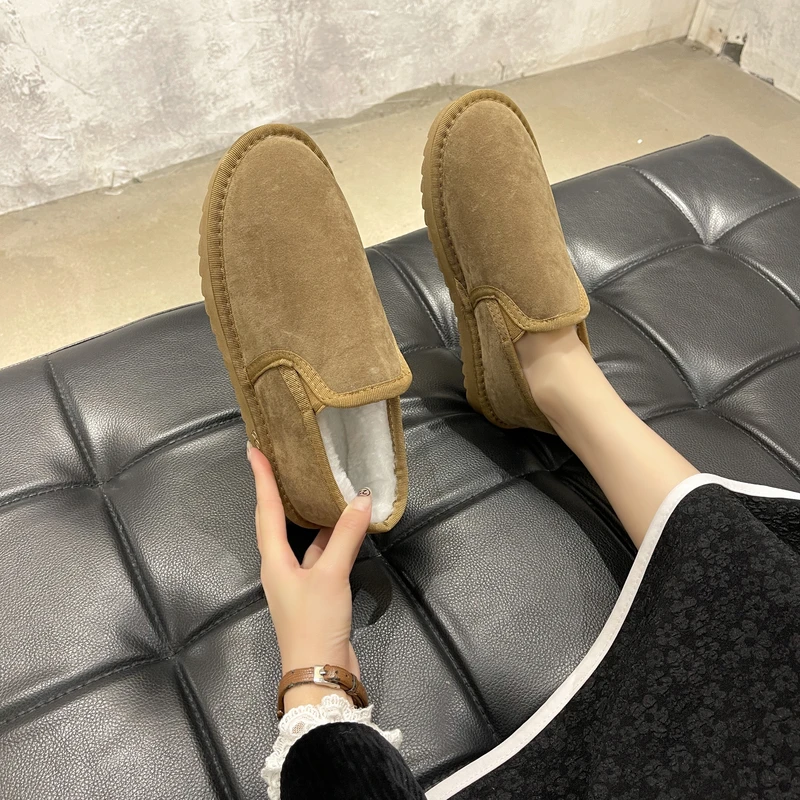 

Shoes Woman Flats Round Toe Low Heels Slip-on Dress Slip on New Winter Rome Flock Ankle Rubber Lace-Up Cow Suede Solid Short Plu