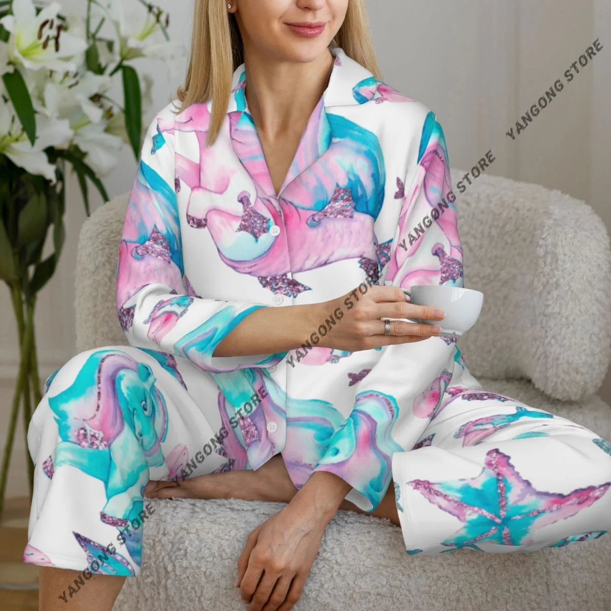 

Spring and Autumn Pajama Set Women's Long Sleeve Pants Two Piece Watercolor Sea Shells Horse Corals Fish Home Furnishing Set