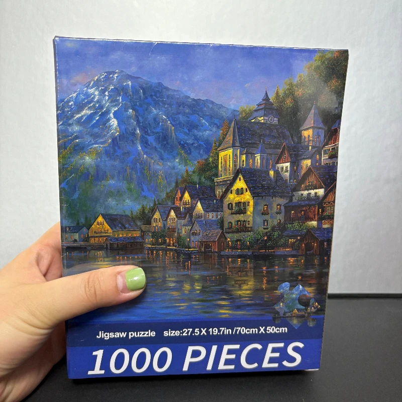

1000-Piece Gray Cardboard Puzzle Box - Village Scene - Letter Codes - Challenging Finish Size 70x50 Cm (27.5x20")