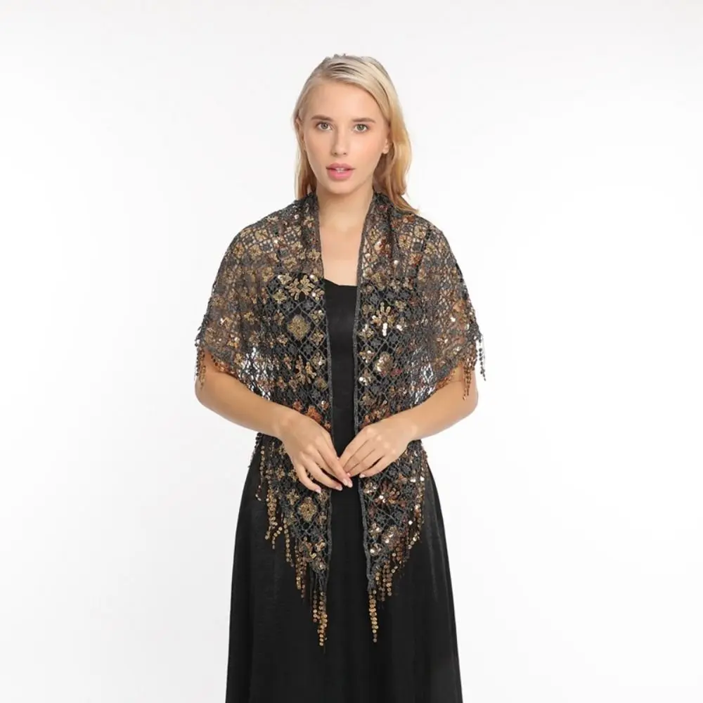 Shiny Sequins Sequins Tassel Shawls Capes Tassels Triangle Shawl Hollow Out Dance Accessories Belly Dancing Scarf for Girl