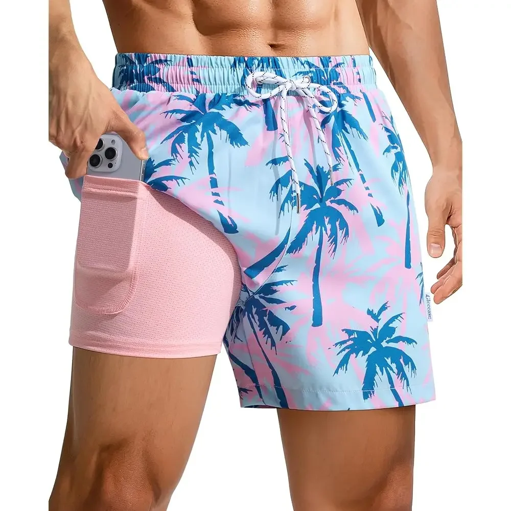 

4.5 inch Mens Swim Trunks with Compression Liner Bathing Suit 2 in 1 Drawstring Quick Dry Stretch Lined Pocket Beach