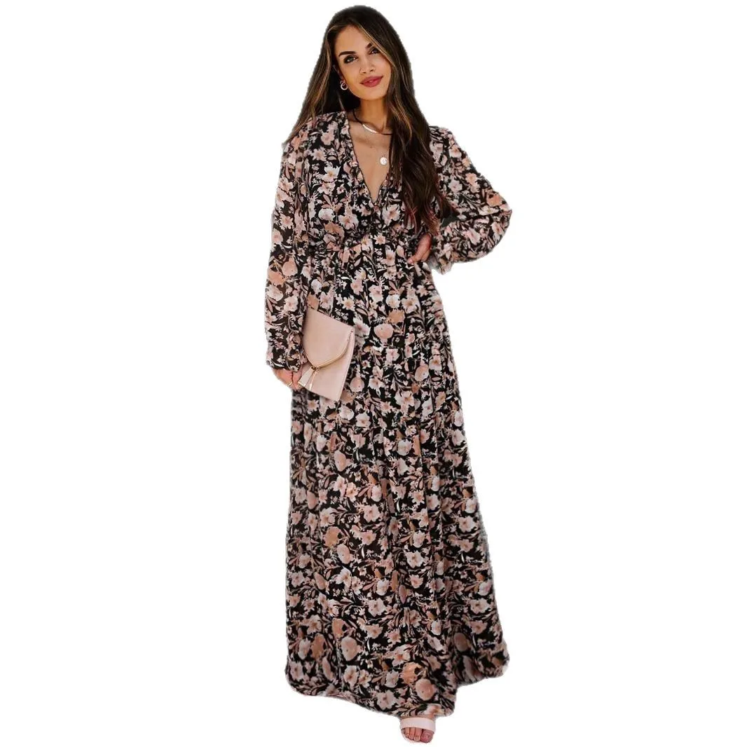 Abito da donna con stampa floreale bohémien vintage, abito lungo con scollo a V e volant a maniche lunghe in vita smock, abito da festa da spiaggia a strati fluido