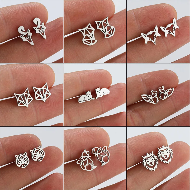 Fashion New Simple Cute Origami Small Animal Fox Cat Lion Tiger Earrings Women's Complete Jewelry Wholesale