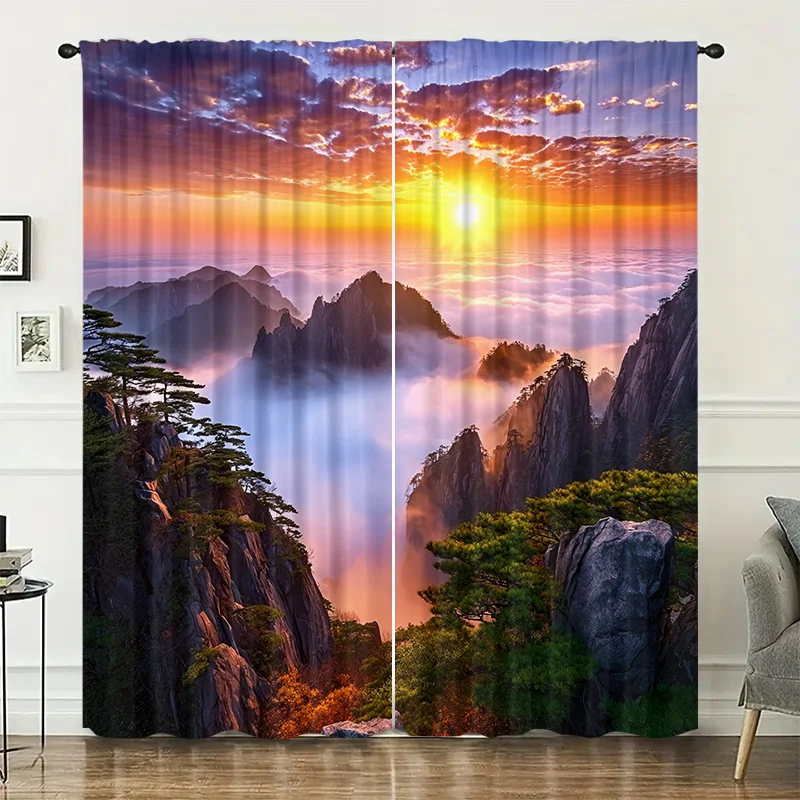 Sunrise cloud sea mountain pine pattern curtains, pole-mounted installation. Suitable living rooms bedrooms dining rooms hotels