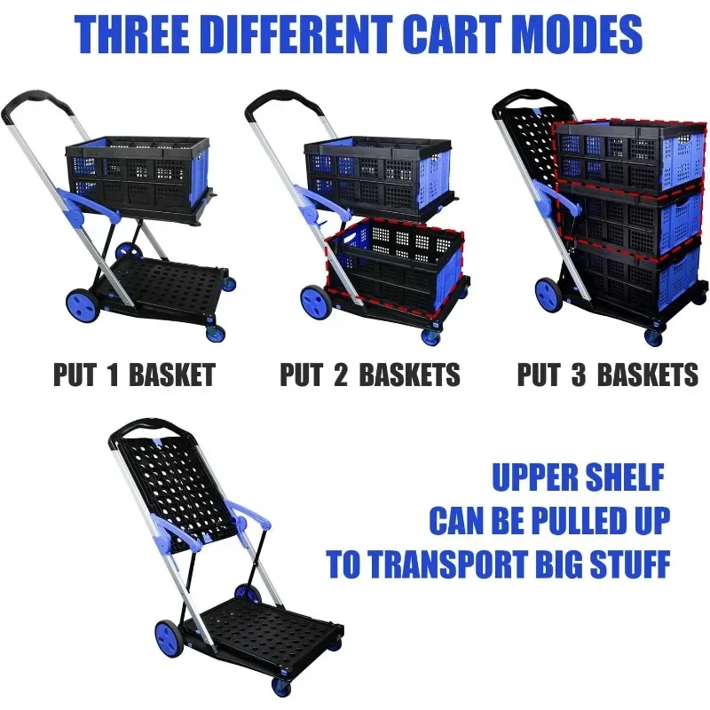 Folding Shopping Cart, Two Tier Collapsible Cart with One Crate, Heavy Duty Utility Cart with Multiple Uses Folding Trolley