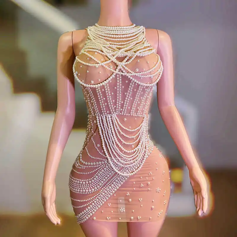 진주 파티 드레스 나이트클럽 바 공연 의상 럭셔리 생일 드레스 고고 댄서 의상 여성 페스티벌 의상 yj009