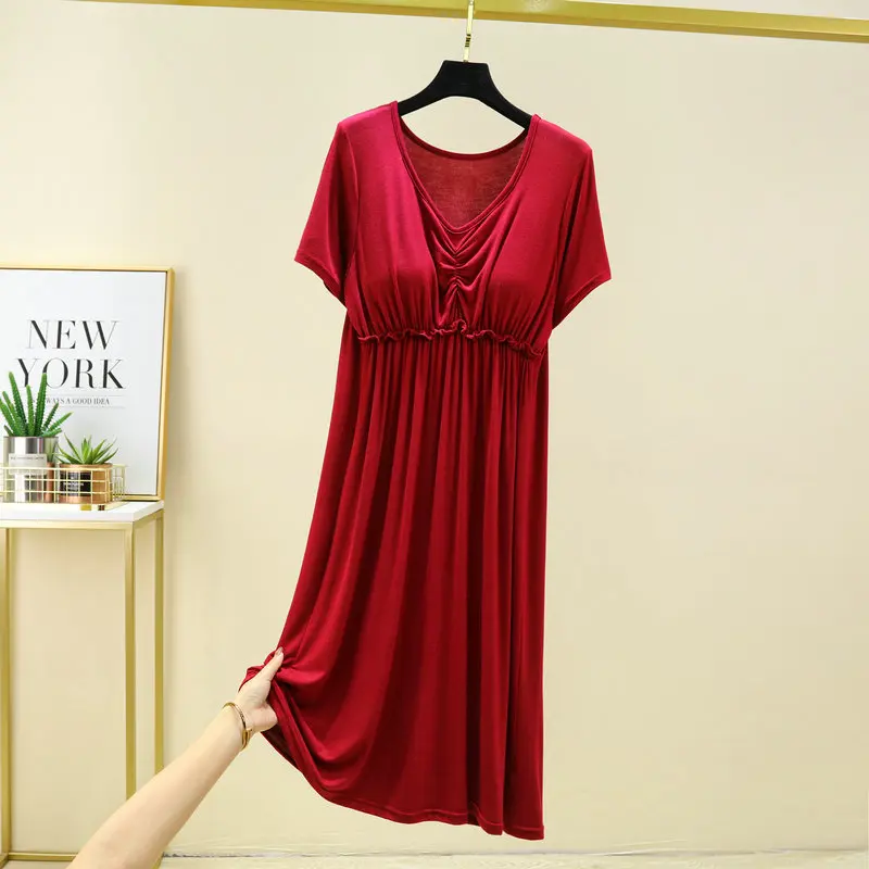 INS Casual Women\'s Summer Nightgown Thin Chest Pad Modal Nightdress Short-Sleeved V-Neck Home Dress ночнушка женская