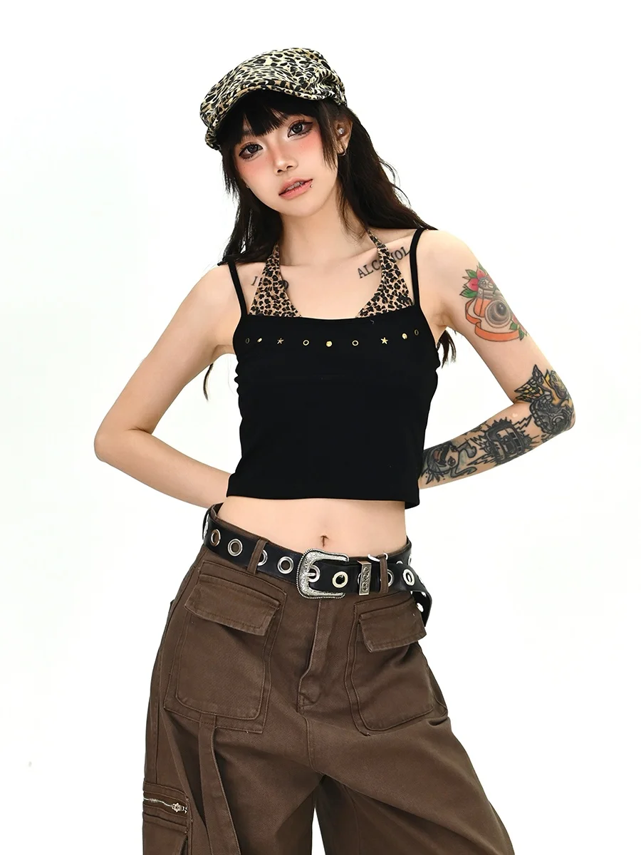 

Американский ретро-топ с леопардовым принтом для женщин, летний новый укороченный топ в уличном стиле, цельный, с дизайном на шее