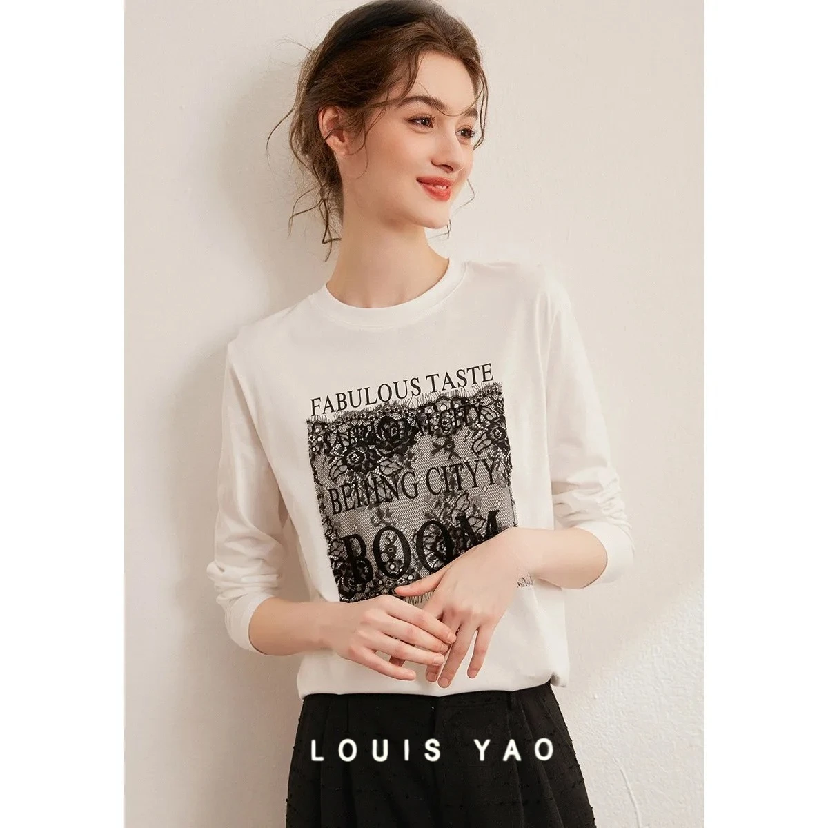 

LOUIS YAO новые футболки с буквенным принтом, весна-осень 2021, повседневные топы с круглым вырезом и длинными рукавами, кружевные женские футболки