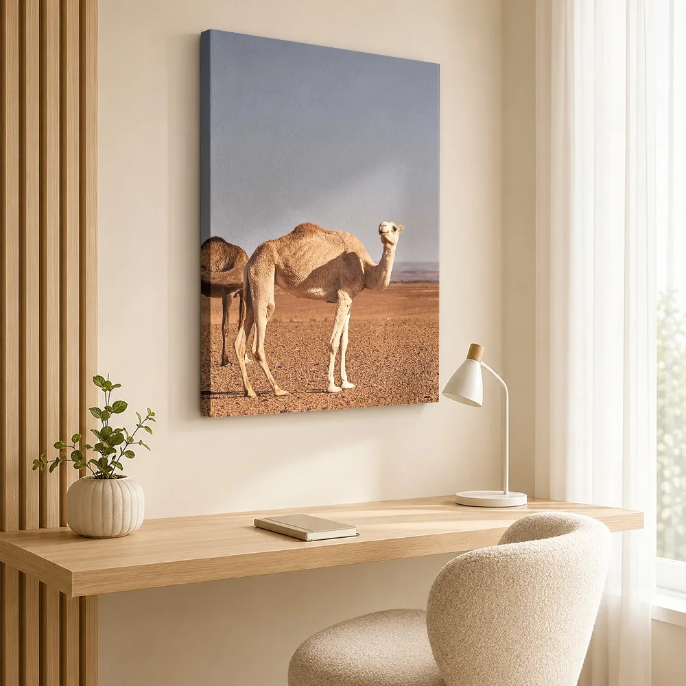 Camels In The Desert Landscape Framed Canvas Poster Personalized Photo Detailed Realistic Composition Wall Art For Family Room