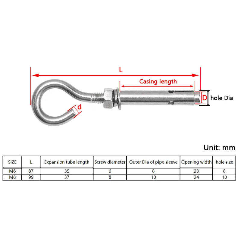 1Pcs M6 M8 Expansion Screws Hooks Opening Hole 316 A4 Stainless Steel Eye Bolt Open Anchor Hook for Basket Ceiling Fan Hanging