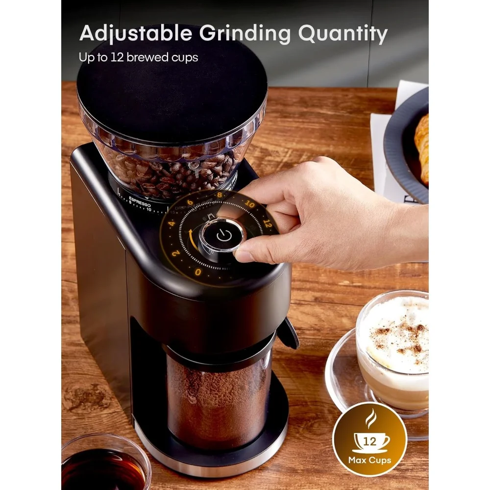 Coffee Grinder, Anti-static Conical Burr Coffee Grinder W/ 35 Precise Grind Setting, 2-12 Cup Select Timer, Coffee Bean Grinder