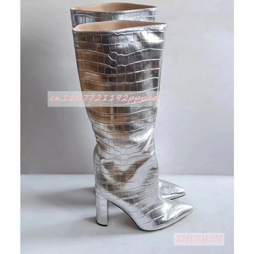 

Autumn Silver Glossy Knee-High Boots Women'S Stone-Patterned Chunky Heel Pointed Toe Boots Fashion Wedding Party Boots Big Size