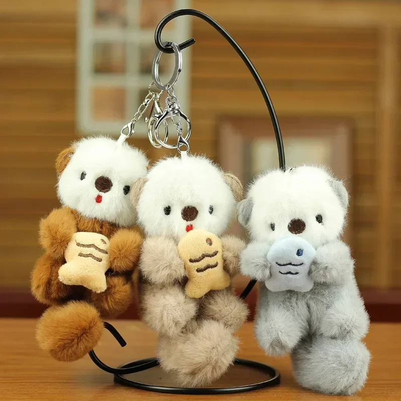 Cute Plush Otters Holding Fish Keychain Stylish Backpack Keyrings Lovely Animal School Bag Key Wallet Pendant Toy Student Gift