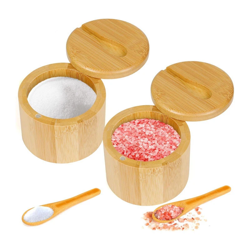 Salt Seasoning Jars With Spoon Bamboo Wood Condiment Box Pepper Storage Jar Sugar Container Holder With Lid Multi Function Bowls