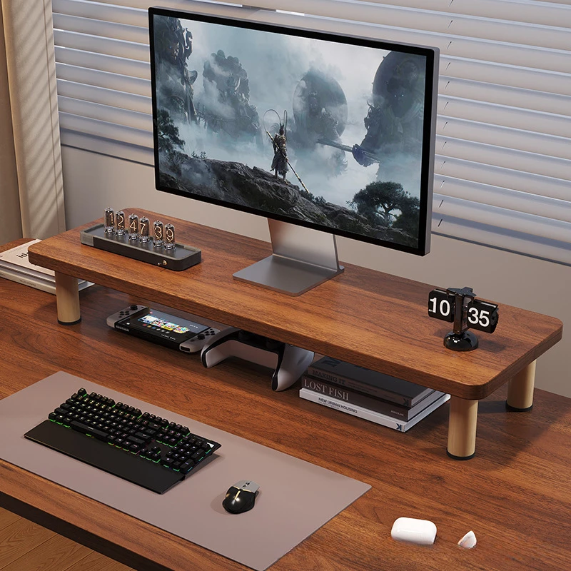 Desk Setup Monitor And Laptop - 木製モニター台、デスクトップパソコン用ディスプレイ台、オフィス用、ノートパソコン用、デスク周りの整理整頓、省スペースなPCワークステーション。