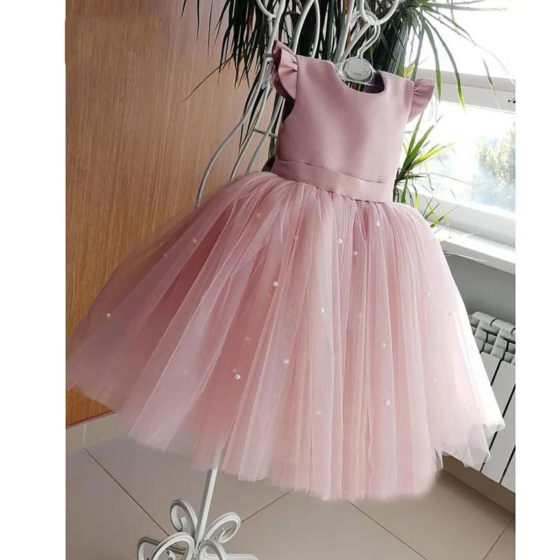 Flower Girl Dresses Birthday Tulle Dress Backless Bow Wedding Gown Kids Party Wear Princess Pink Baby Bowknot Toddler