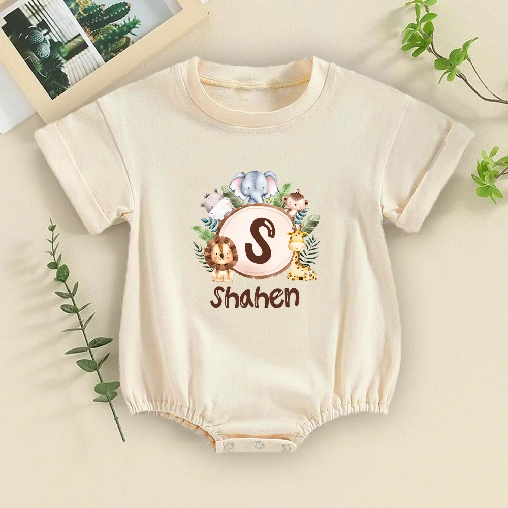 Personalised Safari Animal Letter with Name Bubble Romper Jungle Party Outfit Baby Oversized Bodysuit Infant Summer Jumpsuit