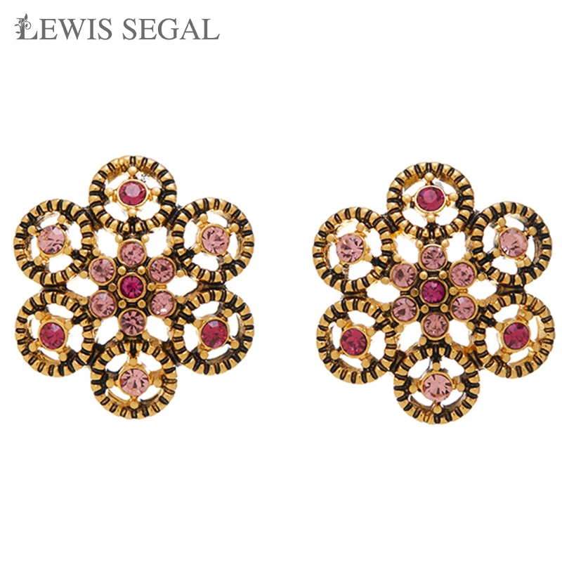 

LEWIS SEGAL Garnet Floral Cluster Openwork Flower Vintage Stud Earrings for Women Medieval Fine Jewelry CZ Crystal 18K Gold Gift