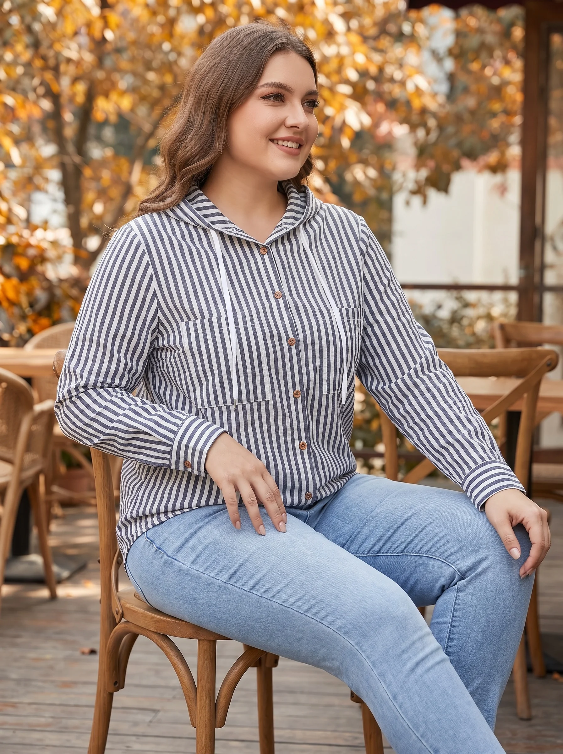 Gadinus Plus Size Women Striped Hooded Long Sleeve Top Loose Fit Casual Shirt view 2