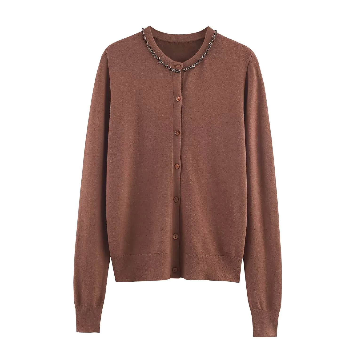 

European and American style 2025 autumn new women's casual round neck long sleeved jewelry cardigan knitted sweater