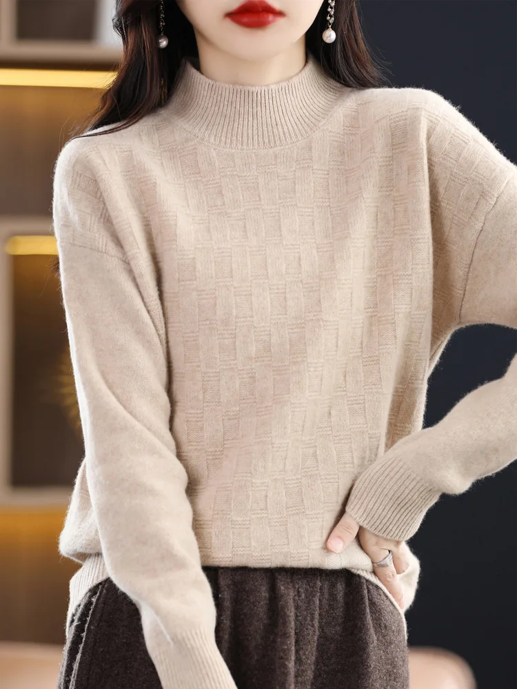 Addonee Autumn Winter Women Sweater 100% Merino Wool Long Sleeves Mock Neck Casual Warm Knitted Jumper Female Clothing Tops