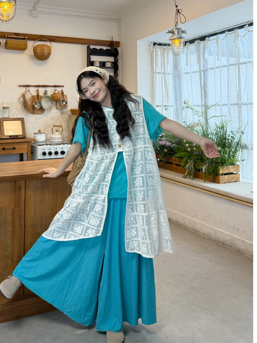 

plus Size Women's Sweet Style Sleeveless Asymmetrical Lace Vest Dress High Waist Loose Long Pants Summer New Arrival