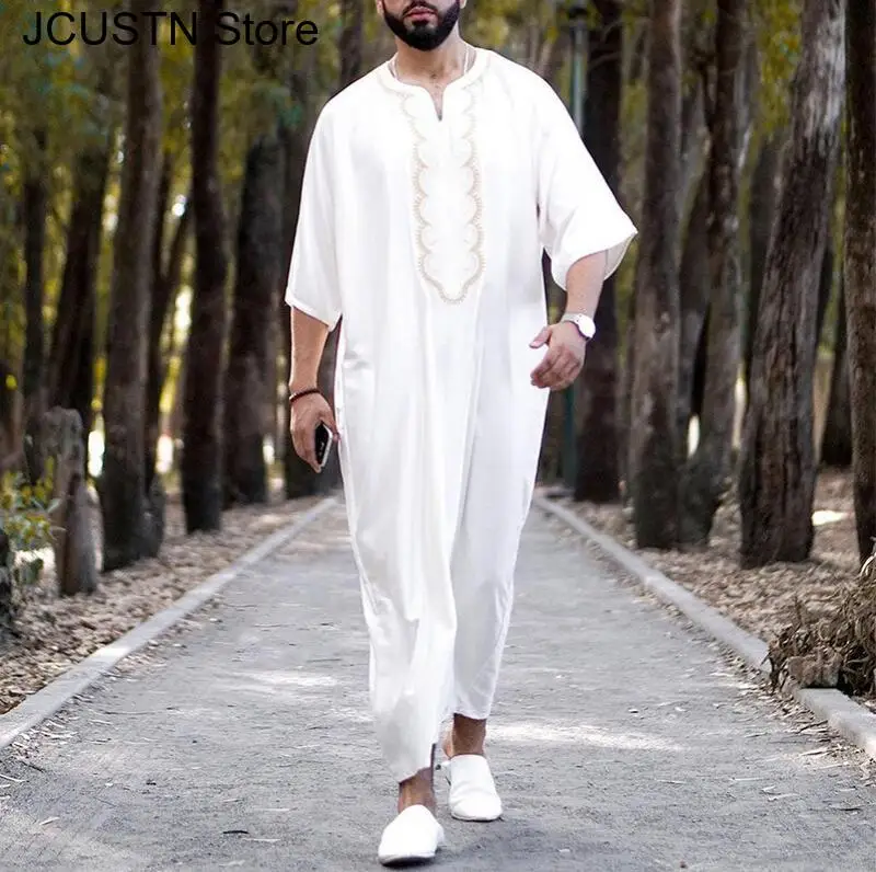 Мусульманский мужской халат с короткими рукавами размера плюс 3Xl 4Xl, исламский кафтан с принтом, мужская одежда, свободный дышащий кафтан Джеллаба Абая Тобе