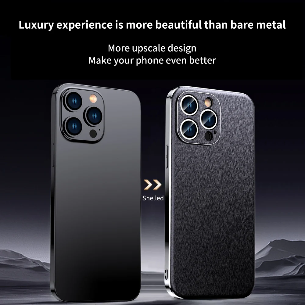 LANGSIDI Leather Phone Case for iPhone 16 14 12 13 15 Pro Max 15Pro 16Pro Plus Luxury Plating Full Lens Protection Back Cover