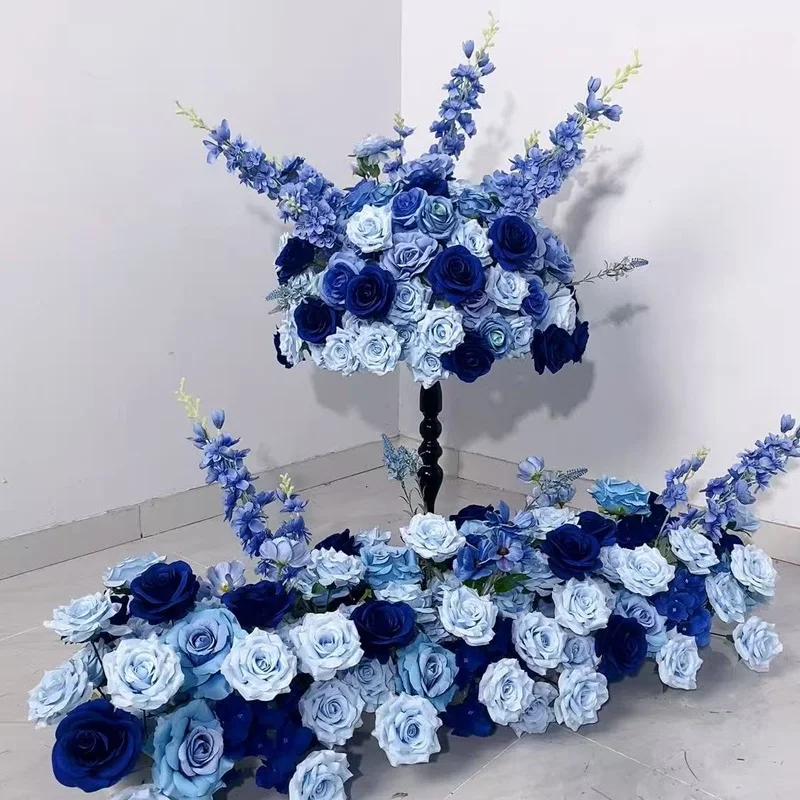الأزرق/الأزرق الداكن تشكيلة زهور بنية صفير زهور الورد الزفاف خلفية ديكور المرحلة الطابق زهرة صف حفلة الحدث الدعائم
