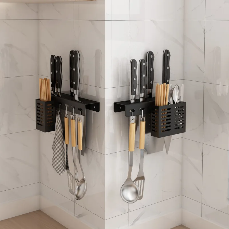 Stainless Steel Kitchen Knife Holder, No-Drill Knife Storage Rack, Wall-Mounted Knife Holder, Integrated Chopstick Holder, 3 Styles to Choose from