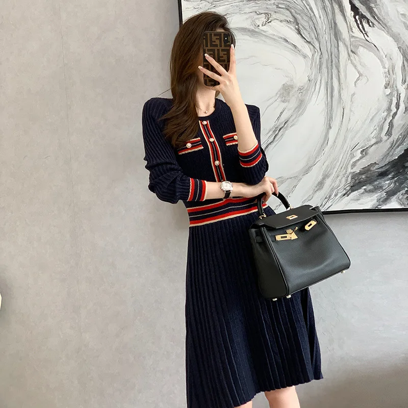 

O-neck Botton A Line Knitted Pleated Dress Vintage Elegant Korean Mini Club Vestidos Cortos Fall 2024 Winter Office Simple Robes