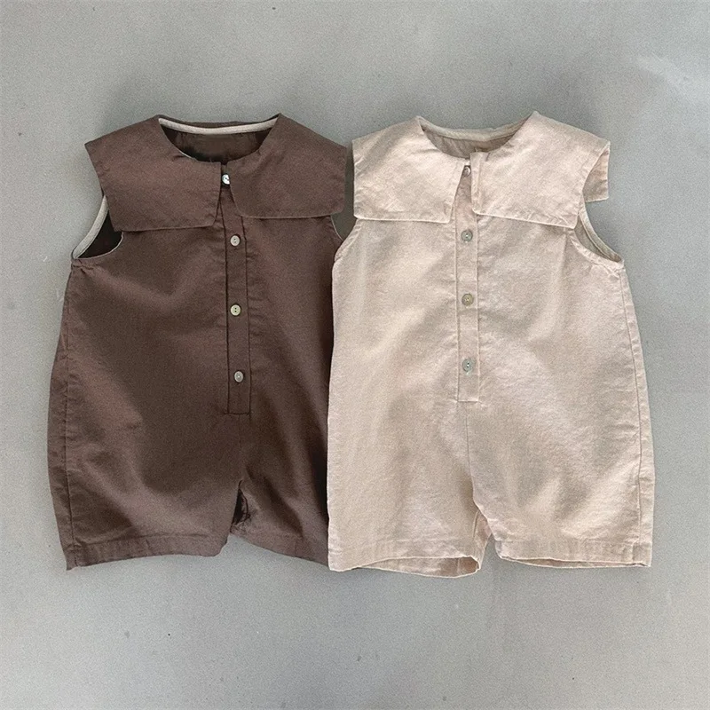 2024 Summer New Baby Sleeveless Short Jumpsuits Solid Toddler Boy Girl Fashion Casual Overalls Cotton Large Lapel Kids Clothes