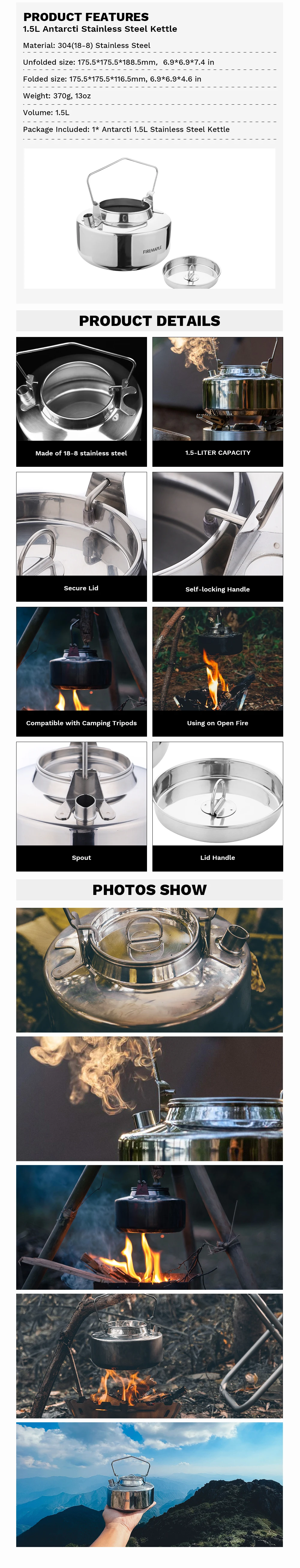 Fire Maple Antarcti Stainless Steel Backpacking Camping Kettle Bushcraft Outdoor Durable Teapot S304 0.6/1.0/1.2/1.5L 295g