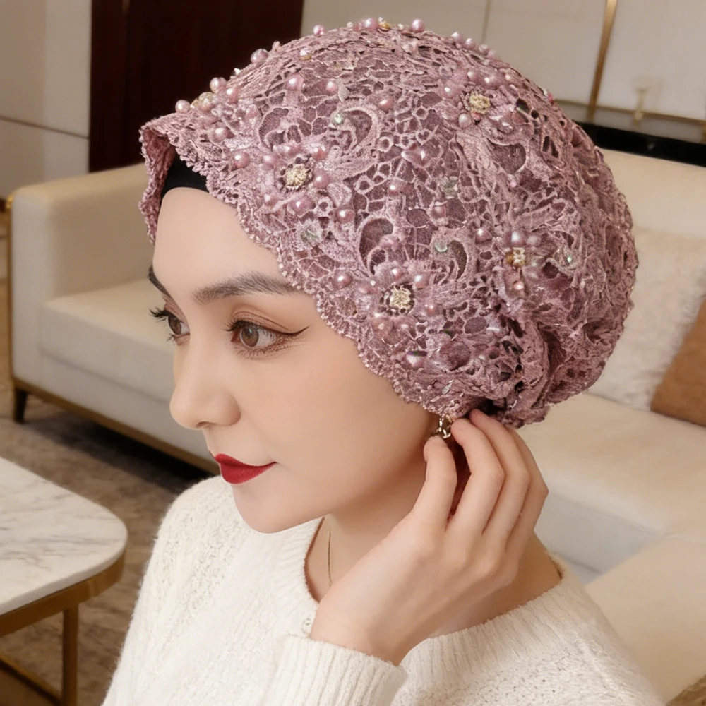 

Beaded Lace Hijab Hat Mesh Embroidery Beanies Muslim Women Bonnet Islam Wedding Party Headscarf Hair Loss Head Wrap Turbante Cap