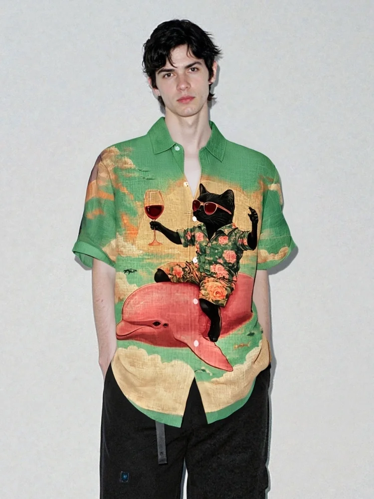 

Men's Cat Riding A Dolphin Drinking Red Wine Art Print Short Sleeve Shirt Japanese Holiday Blouse Oversized Single Breast Tops