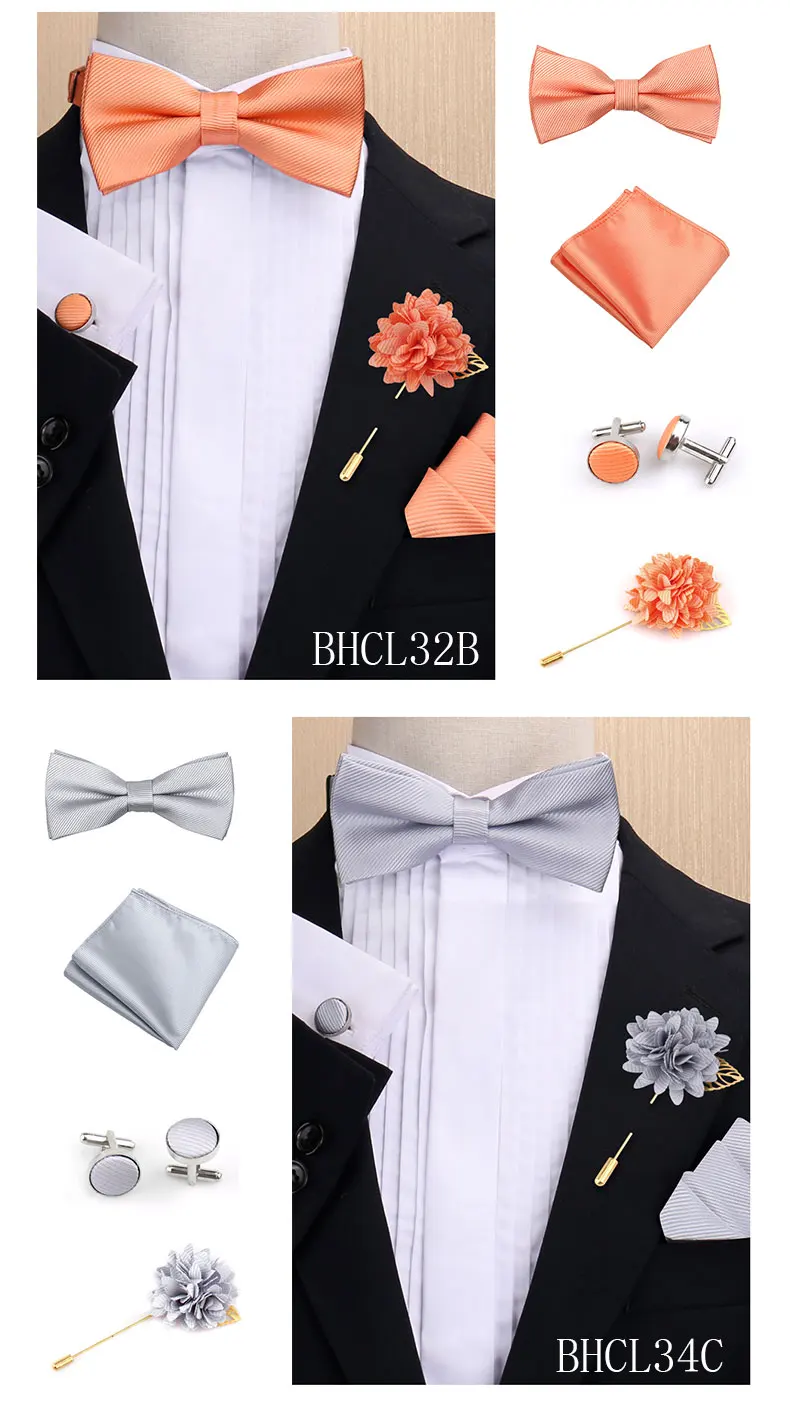 Modisches einfarbiges Fliege-Set für Herren, Fliege, Taschentuch, Manschettenknöpfe mit floraler Brosche, Anzug, Hochzeit, Business, Herren-Accessoires – Detail 5