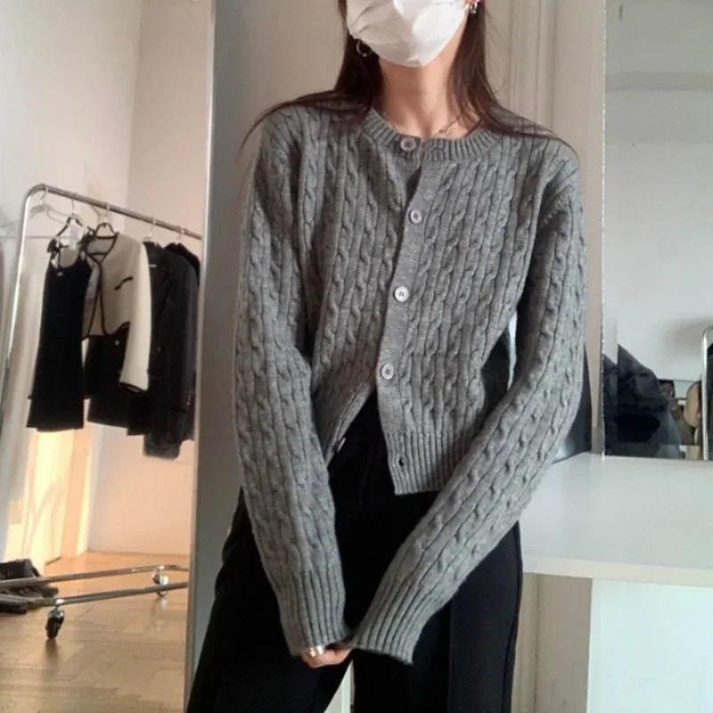 Knitted Cardigan for Women, Short Crew-Neck Sweater, Casual Tops, Monochrome Coat, Academic Style, Autumn and Winter