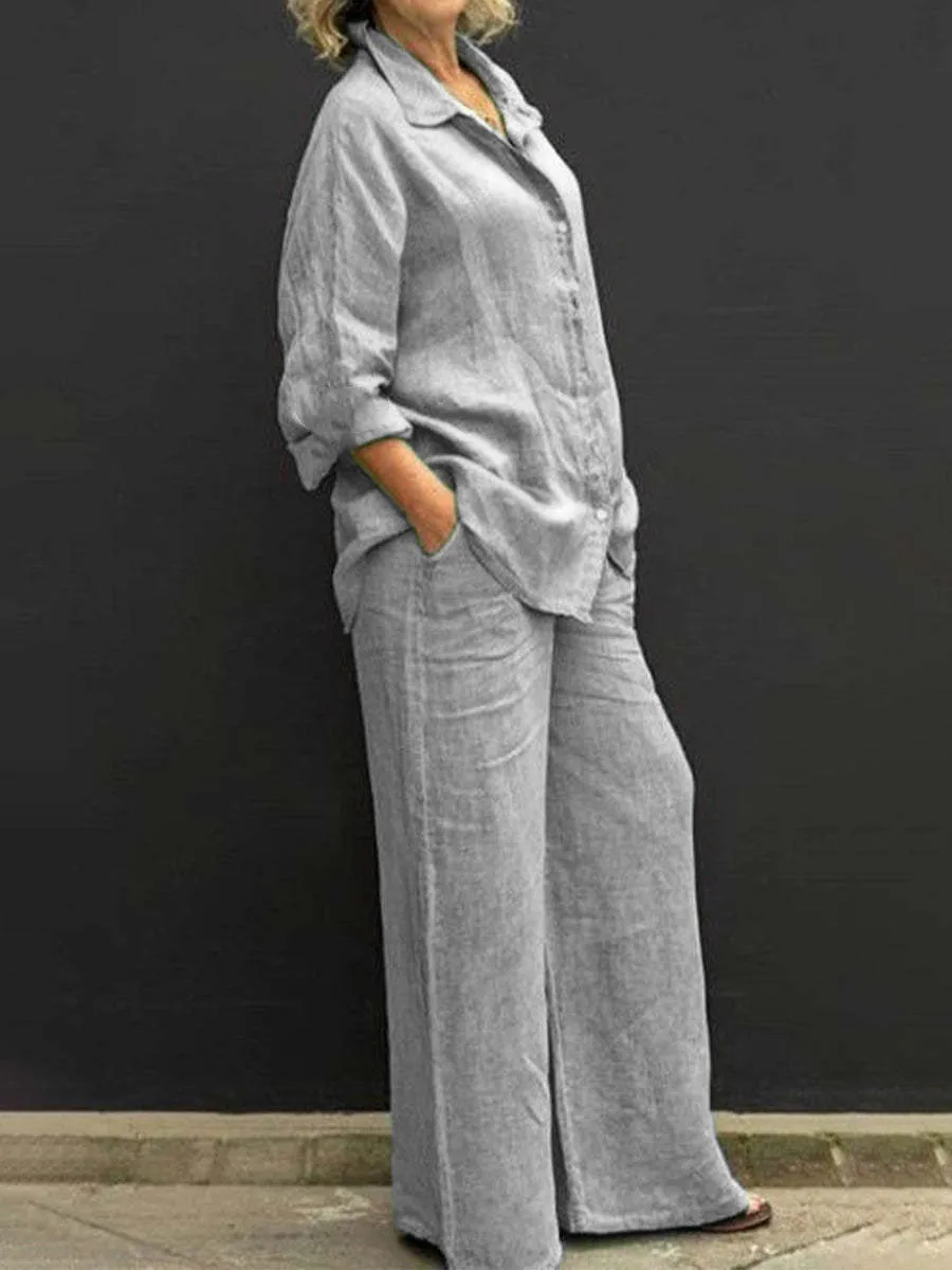 Linen Lapel Two Pieces Set Autumn Vintage Solid Color Long Sleeve Button Shirt Blouse Women Casual Loose Straight Pants Suits