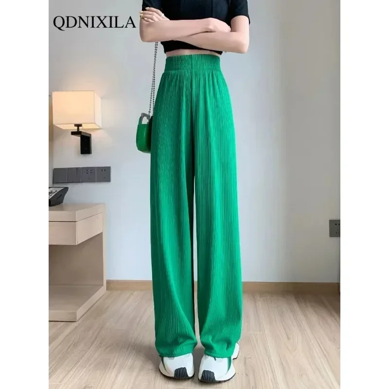 Summer Ice Silk Wide Leg Pants for Women Korean Thin Chiffon High Waist Saggy Loose Straight Casual Spring   Fashion Trousers