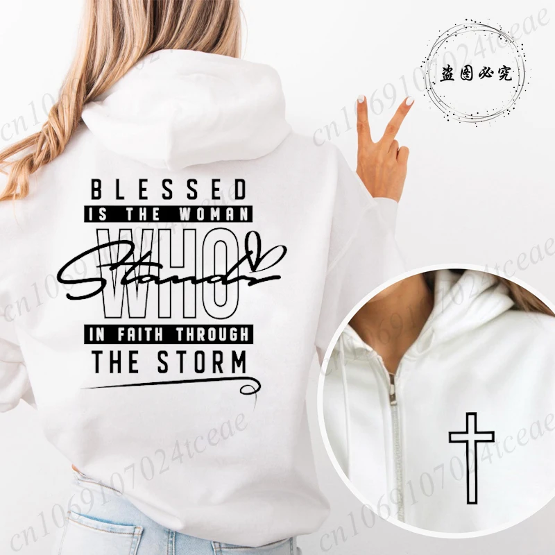 Sudadera con capucha y cremallera con estampado de Jesús Faith Blessed Is The Woman, sudadera con capucha y cremallera para mujer con cruz de Jesucristo, ropa informal estilo Harajuku