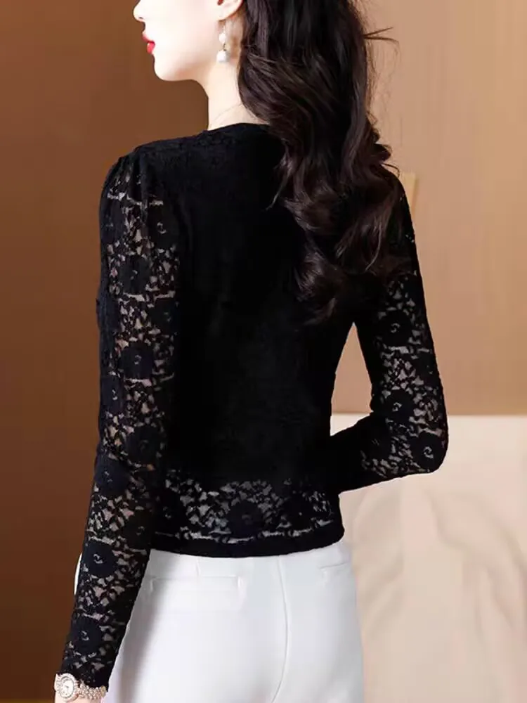 2025 أنيقة قطع التدريجي الربيع الصيف امرأة قمم تي شيرت الإناث الخامس الرقبة طويلة الأكمام زر سبليت هيم الدانتيل البلوز مكتب